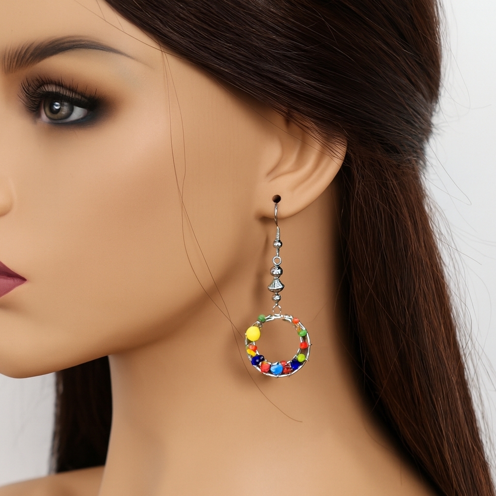 Handmade Colorful Beaded Silver tone Wire Drop Earrings Boho Festival Jewelry